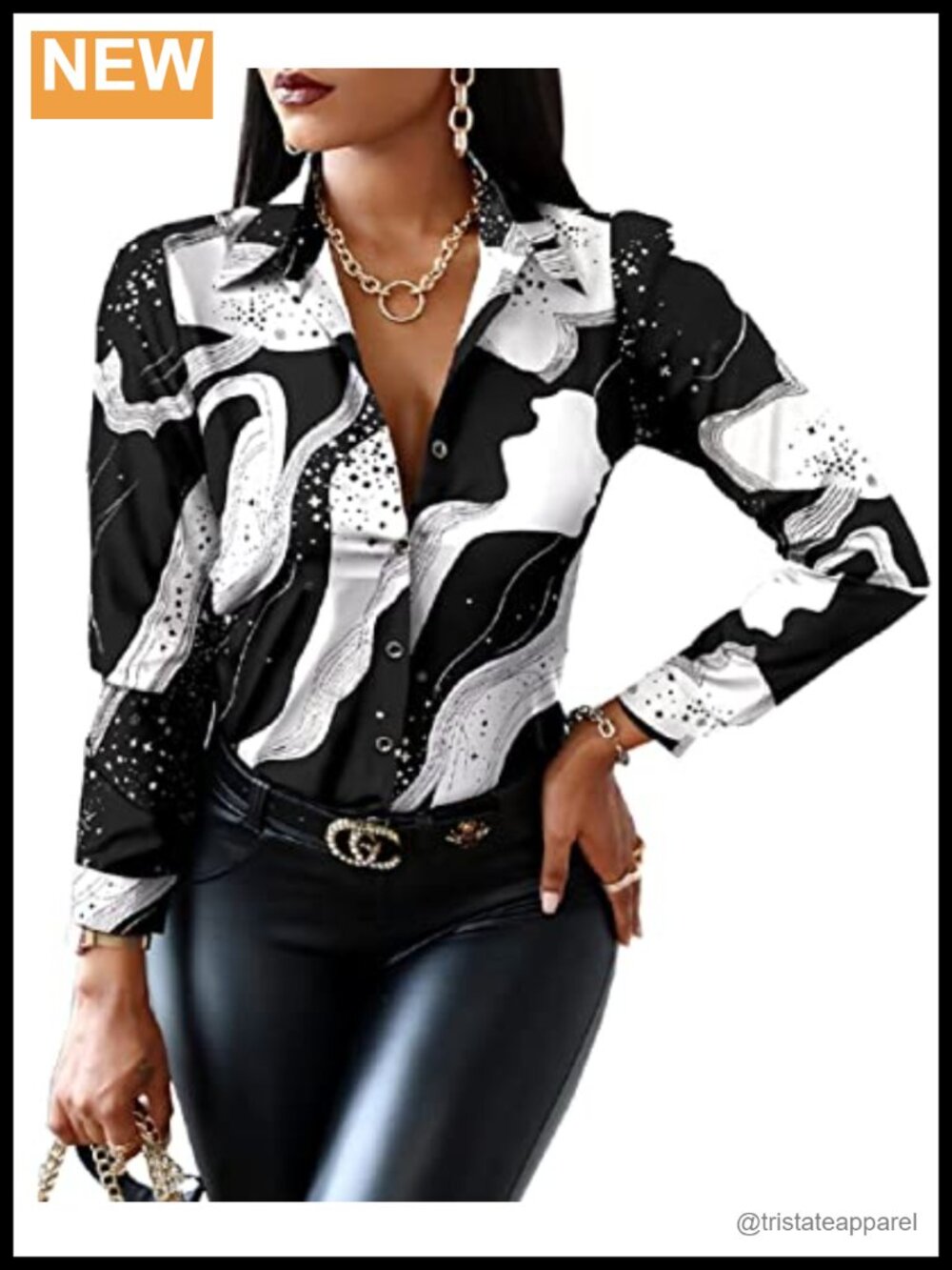 Women's Printed Long Sleeve Button Down Blouse Collared Shirt Rayon Casual